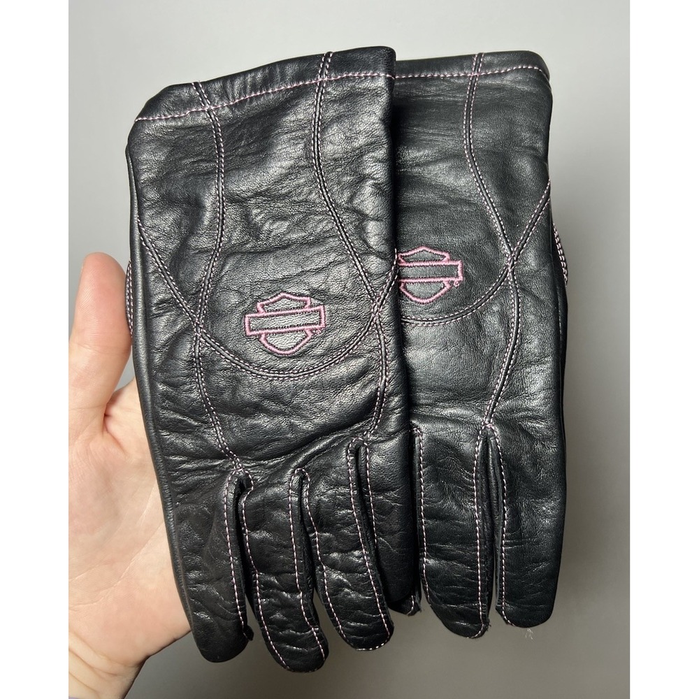 Harley Davidson Women's Black Leather Gloves W/Pink Embroidered Logo Sz Small